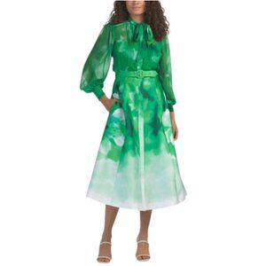 TERI JON Chiffon Tie Neck Mikado Dress With Tuck Pleat Top